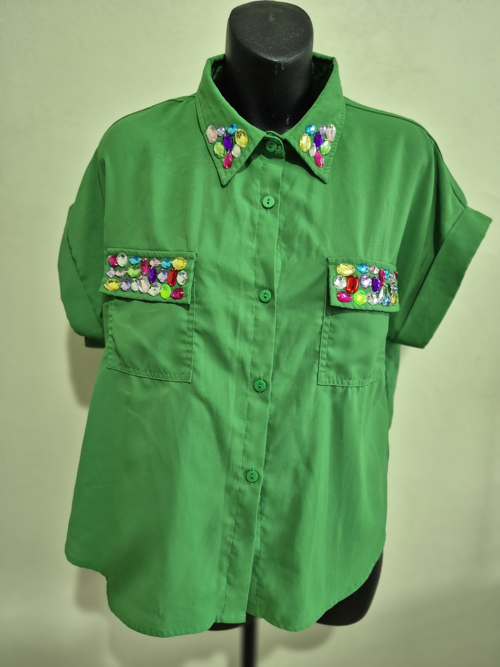 Embellished Green Short-Sleeve Button-Up Blouse
